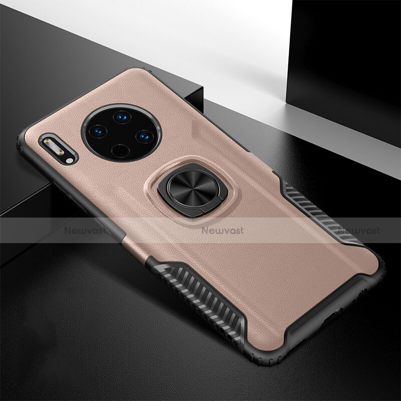 Soft Silicone Gel Leather Snap On Case Cover with Magnetic Finger Ring Stand T01 for Huawei Mate 30 Pro 5G Rose Gold