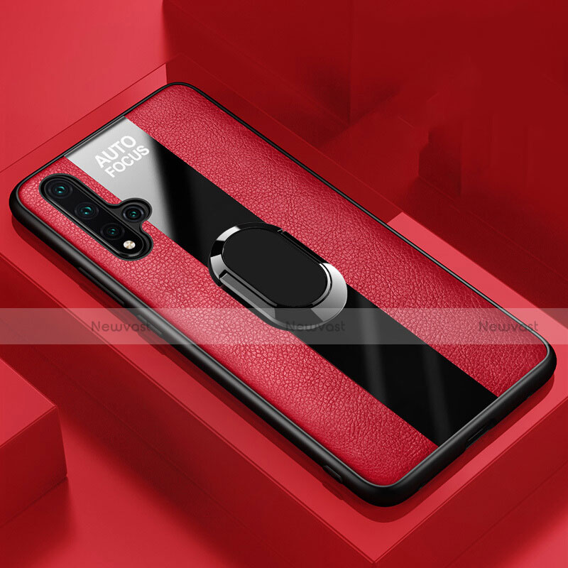 Soft Silicone Gel Leather Snap On Case Cover with Magnetic Finger Ring Stand T01 for Huawei Nova 5 Pro Red