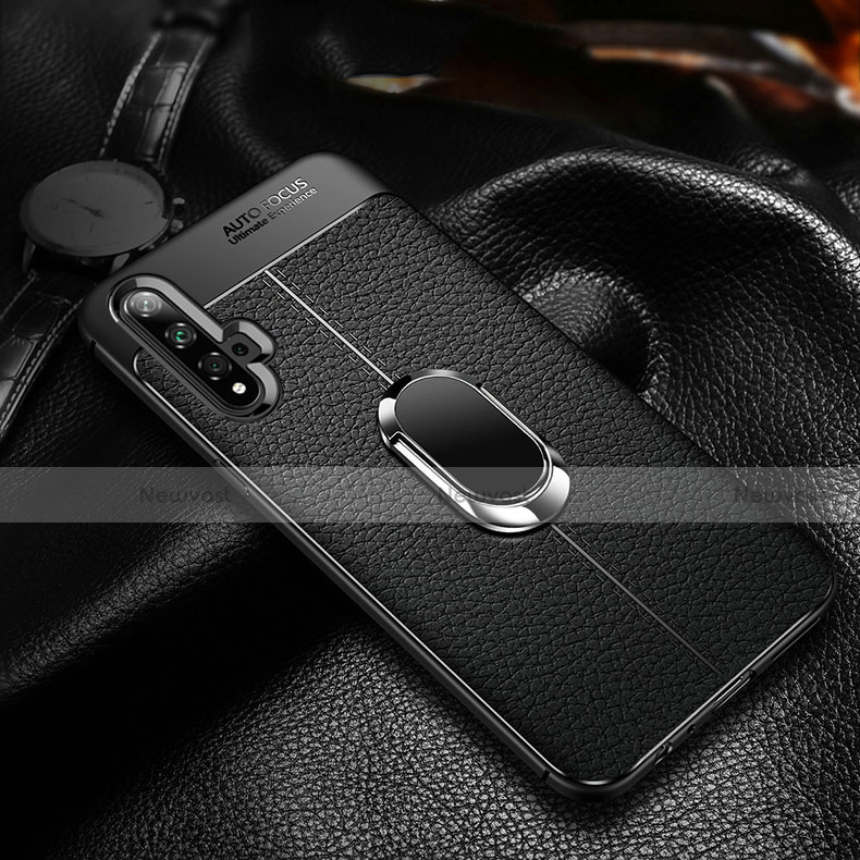 Soft Silicone Gel Leather Snap On Case Cover with Magnetic Finger Ring Stand T01 for Huawei Nova 5T