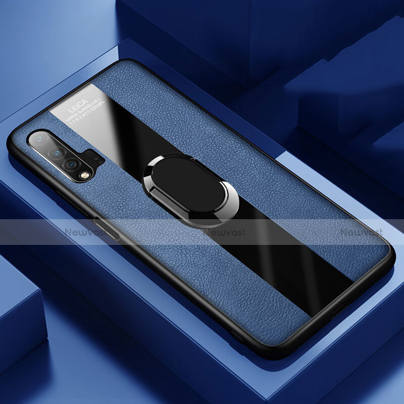 Soft Silicone Gel Leather Snap On Case Cover with Magnetic Finger Ring Stand T01 for Huawei Nova 6 5G Blue