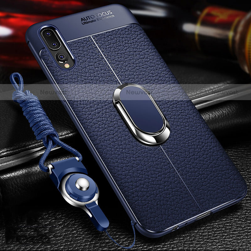 Soft Silicone Gel Leather Snap On Case Cover with Magnetic Finger Ring Stand T01 for Huawei P20 Pro Blue