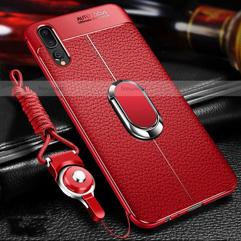 Soft Silicone Gel Leather Snap On Case Cover with Magnetic Finger Ring Stand T01 for Huawei P20 Pro Red