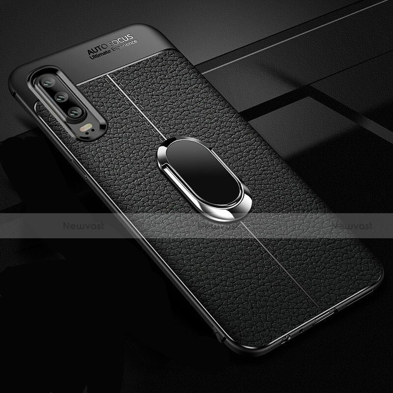 Soft Silicone Gel Leather Snap On Case Cover with Magnetic Finger Ring Stand T01 for Huawei P30 Black