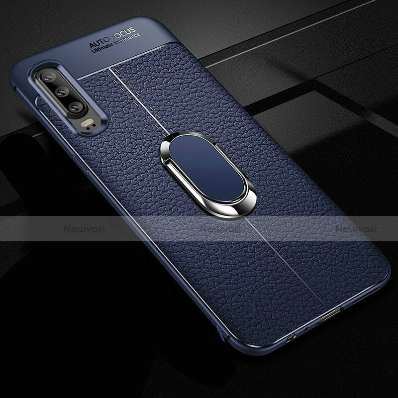 Soft Silicone Gel Leather Snap On Case Cover with Magnetic Finger Ring Stand T01 for Huawei P30 Blue