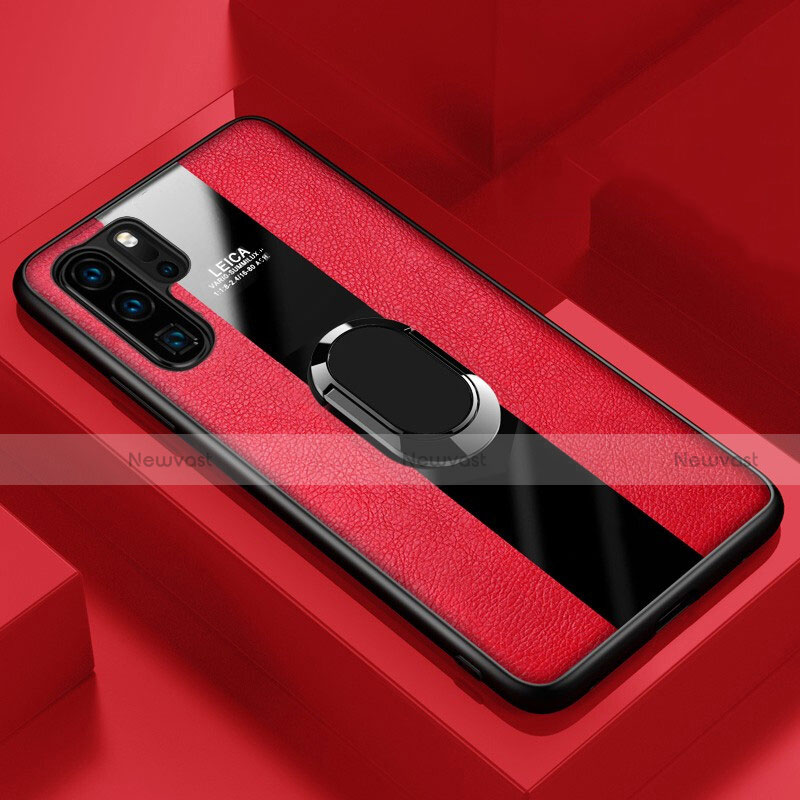 Soft Silicone Gel Leather Snap On Case Cover with Magnetic Finger Ring Stand T01 for Huawei P30 Pro New Edition Red