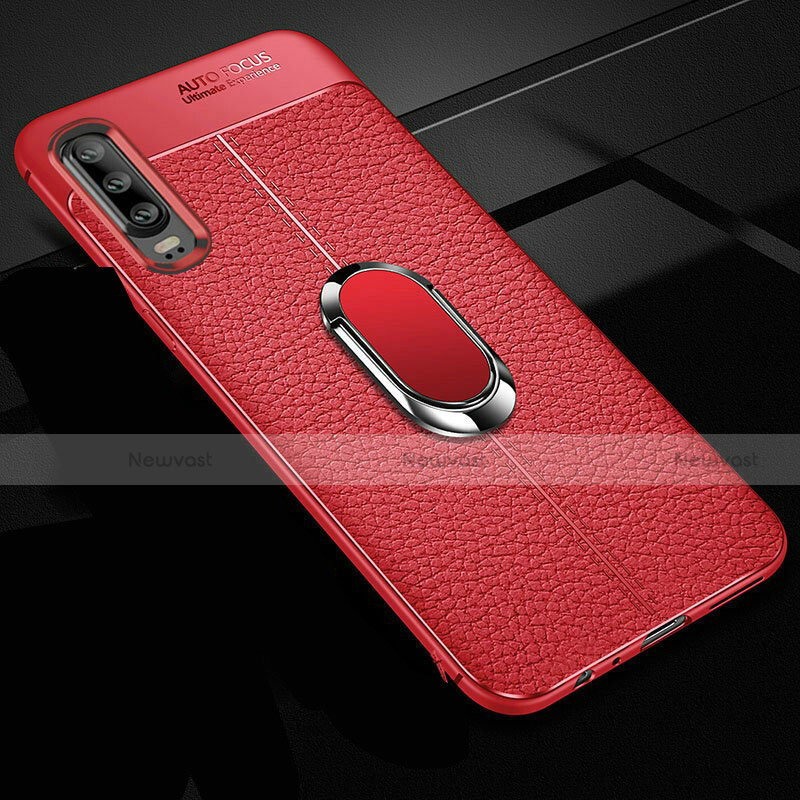 Soft Silicone Gel Leather Snap On Case Cover with Magnetic Finger Ring Stand T01 for Huawei P30 Red