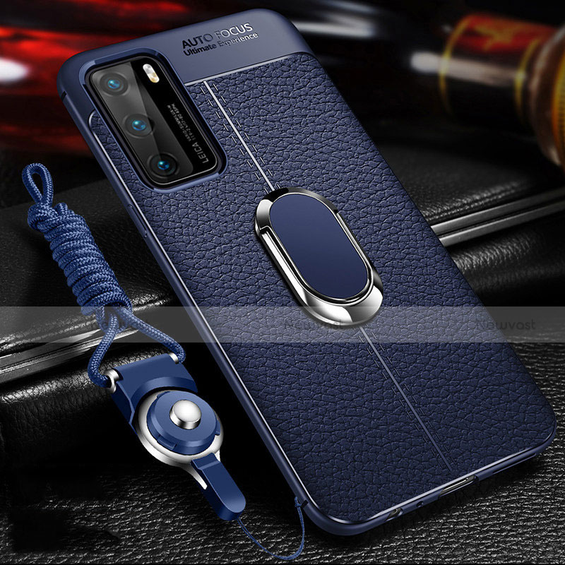 Soft Silicone Gel Leather Snap On Case Cover with Magnetic Finger Ring Stand T01 for Huawei P40