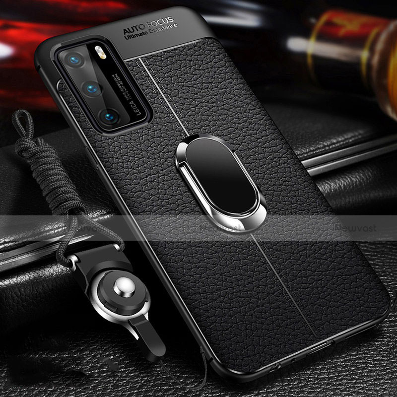 Soft Silicone Gel Leather Snap On Case Cover with Magnetic Finger Ring Stand T01 for Huawei P40 Black