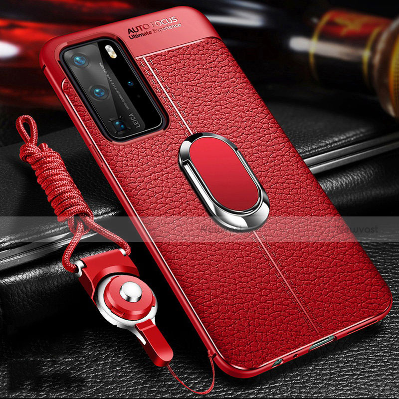 Soft Silicone Gel Leather Snap On Case Cover with Magnetic Finger Ring Stand T01 for Huawei P40 Pro