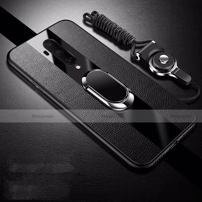 Soft Silicone Gel Leather Snap On Case Cover with Magnetic Finger Ring Stand T01 for OnePlus 7T Pro