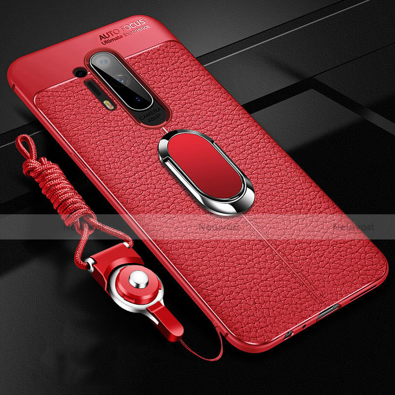 Soft Silicone Gel Leather Snap On Case Cover with Magnetic Finger Ring Stand T01 for OnePlus 8 Pro Red