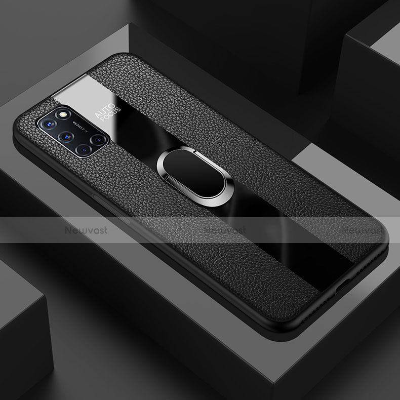 Soft Silicone Gel Leather Snap On Case Cover with Magnetic Finger Ring Stand T01 for Oppo A72 Black