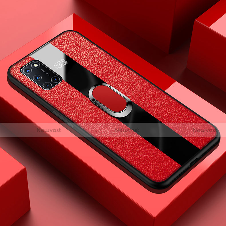 Soft Silicone Gel Leather Snap On Case Cover with Magnetic Finger Ring Stand T01 for Oppo A92 Red