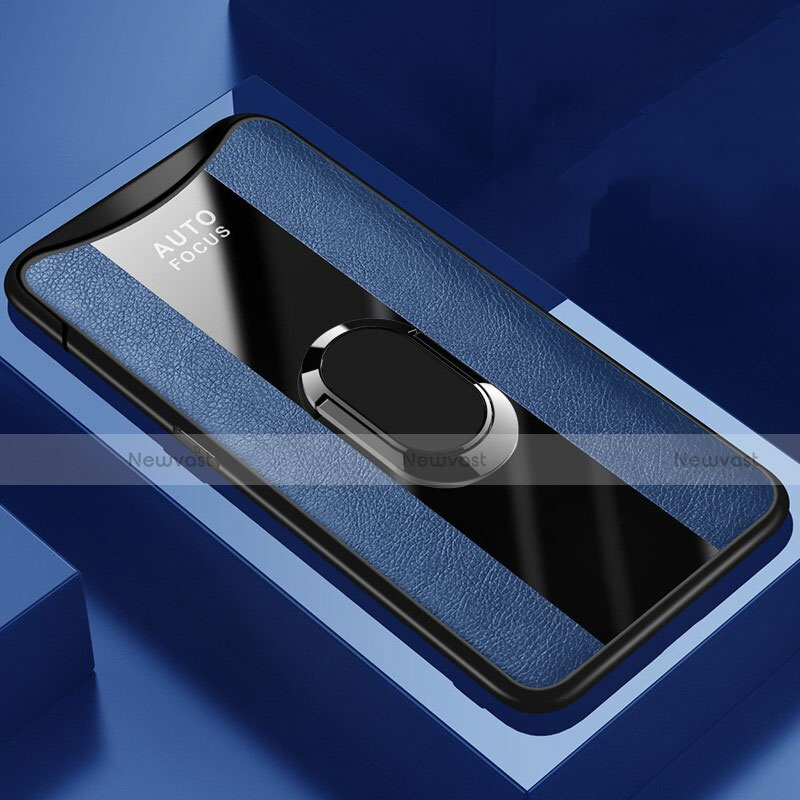 Soft Silicone Gel Leather Snap On Case Cover with Magnetic Finger Ring Stand T01 for Oppo Find X Blue