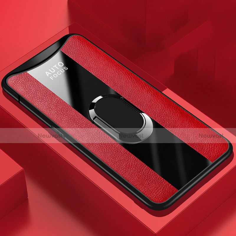 Soft Silicone Gel Leather Snap On Case Cover with Magnetic Finger Ring Stand T01 for Oppo Find X Red