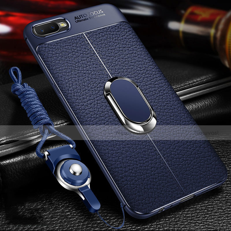 Soft Silicone Gel Leather Snap On Case Cover with Magnetic Finger Ring Stand T01 for Oppo K1 Blue