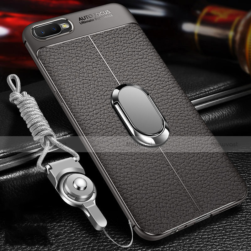 Soft Silicone Gel Leather Snap On Case Cover with Magnetic Finger Ring Stand T01 for Oppo K1 Gray