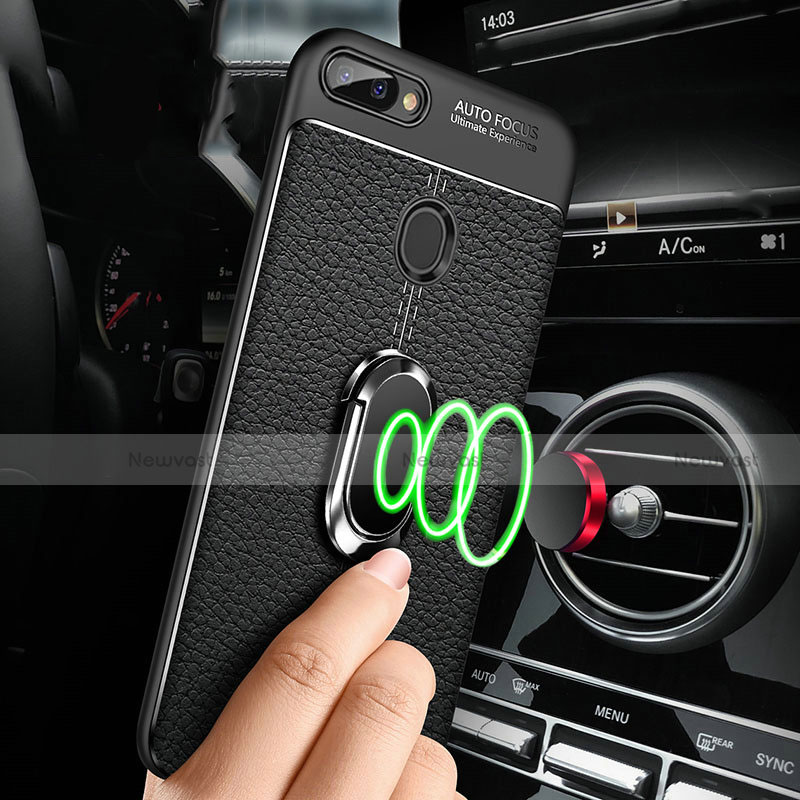 Soft Silicone Gel Leather Snap On Case Cover with Magnetic Finger Ring Stand T01 for Oppo R15X