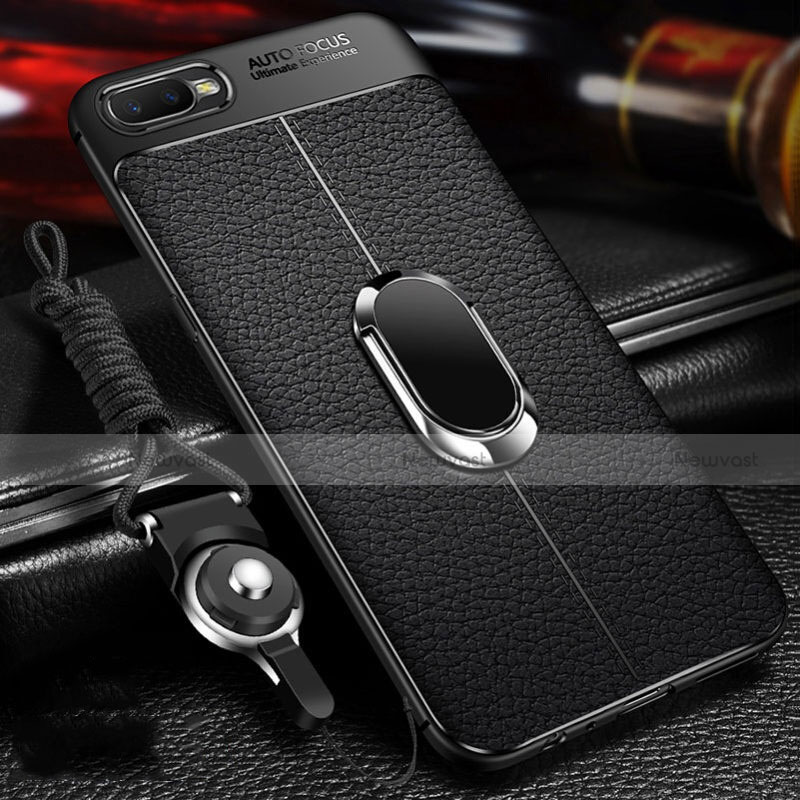 Soft Silicone Gel Leather Snap On Case Cover with Magnetic Finger Ring Stand T01 for Oppo R15X Black