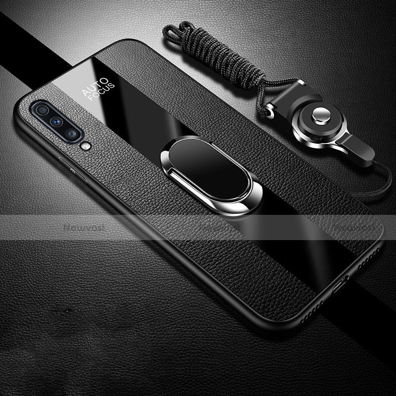 Soft Silicone Gel Leather Snap On Case Cover with Magnetic Finger Ring Stand T01 for Samsung Galaxy A70 Black