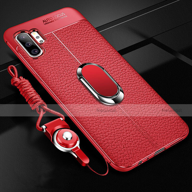 Soft Silicone Gel Leather Snap On Case Cover with Magnetic Finger Ring Stand T01 for Samsung Galaxy Note 10 Plus Red