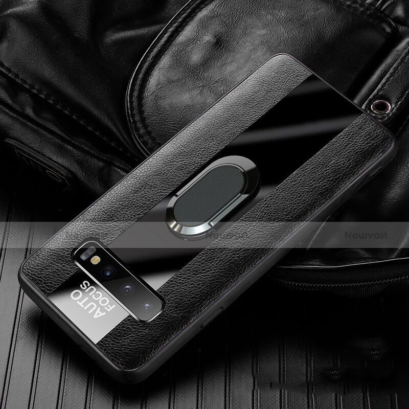 Soft Silicone Gel Leather Snap On Case Cover with Magnetic Finger Ring Stand T01 for Samsung Galaxy S10 5G Black