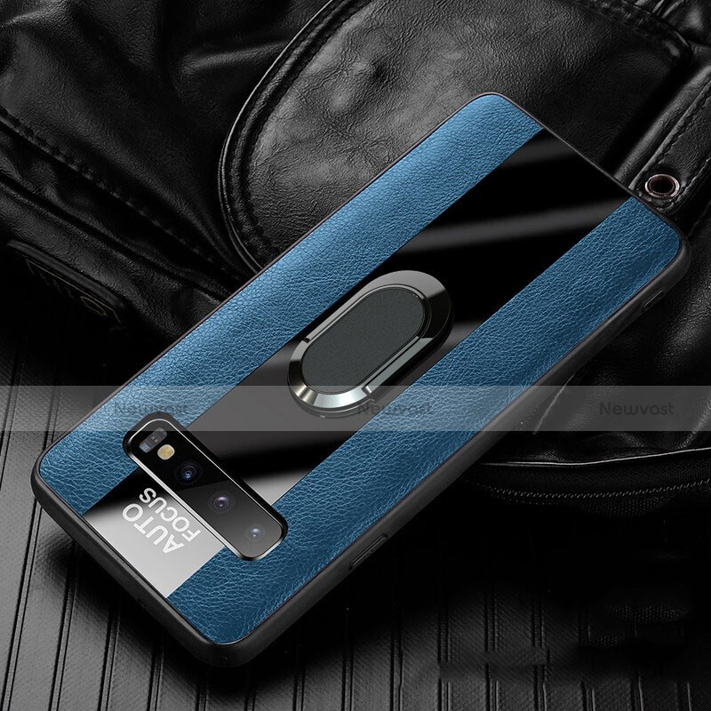 Soft Silicone Gel Leather Snap On Case Cover with Magnetic Finger Ring Stand T01 for Samsung Galaxy S10 5G Blue