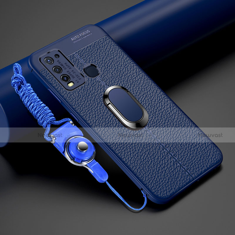 Soft Silicone Gel Leather Snap On Case Cover with Magnetic Finger Ring Stand T01 for Vivo Y50 Blue