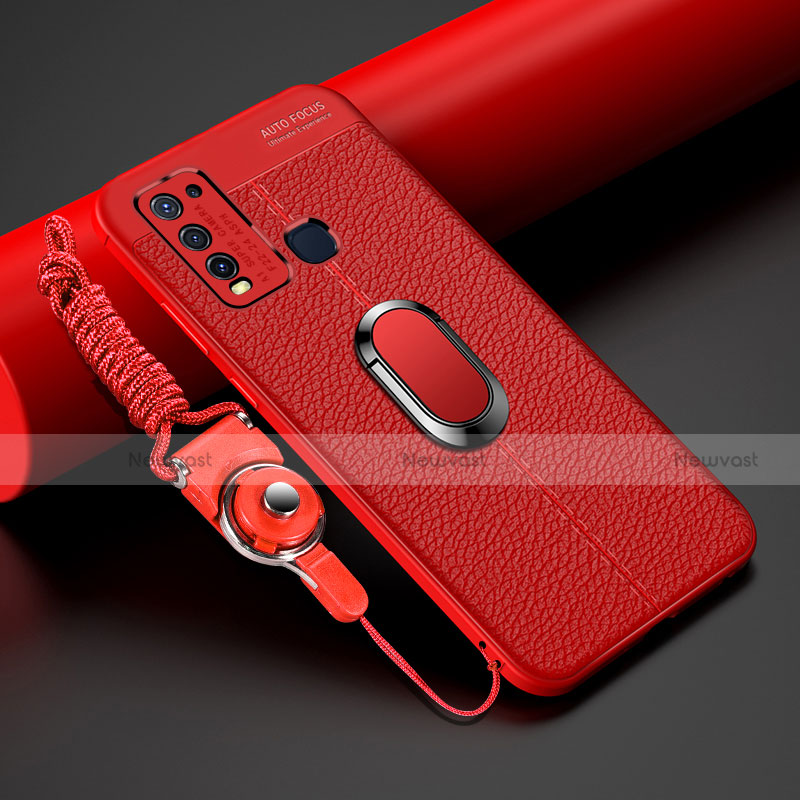 Soft Silicone Gel Leather Snap On Case Cover with Magnetic Finger Ring Stand T01 for Vivo Y50 Red