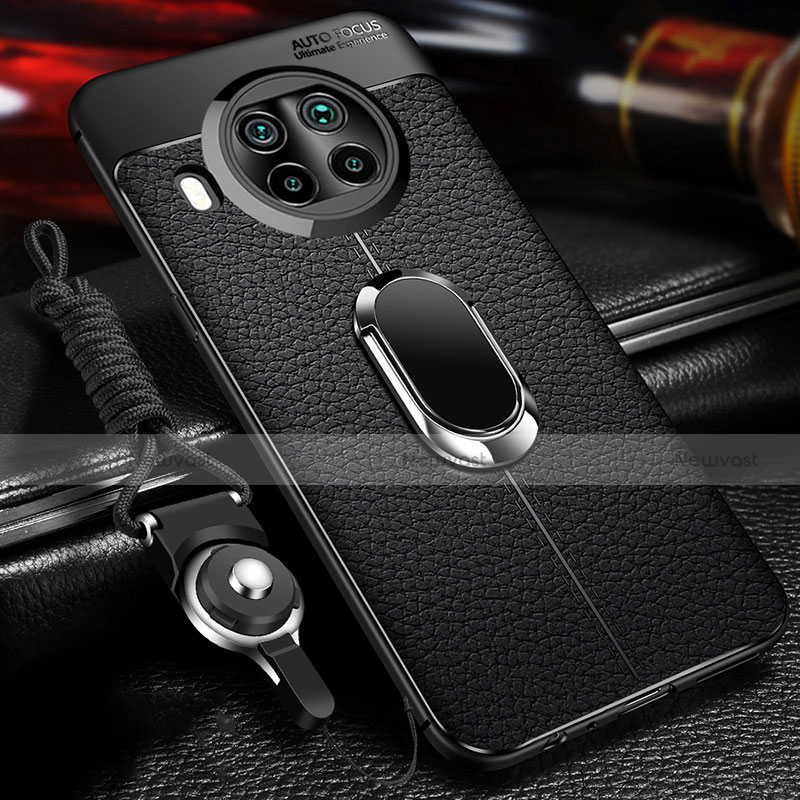 Soft Silicone Gel Leather Snap On Case Cover with Magnetic Finger Ring Stand T01 for Xiaomi Mi 10i 5G Black