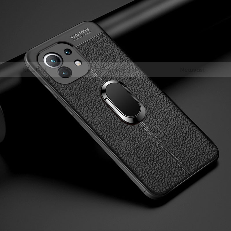 Soft Silicone Gel Leather Snap On Case Cover with Magnetic Finger Ring Stand T01 for Xiaomi Mi 11 Lite 4G Black