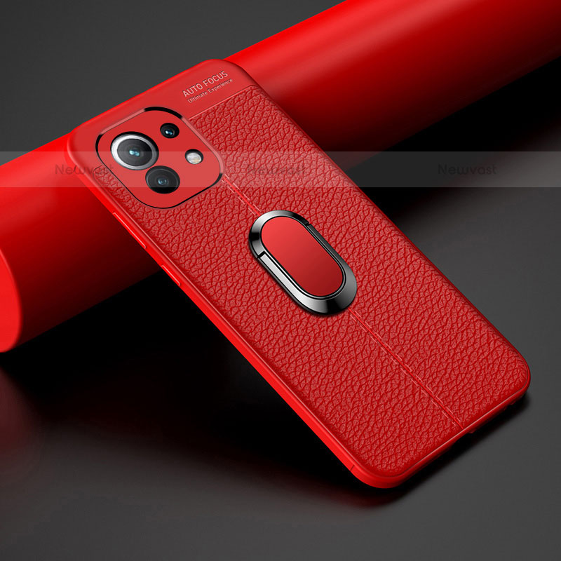 Soft Silicone Gel Leather Snap On Case Cover with Magnetic Finger Ring Stand T01 for Xiaomi Mi 11 Lite 5G NE Red