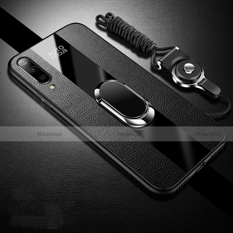 Soft Silicone Gel Leather Snap On Case Cover with Magnetic Finger Ring Stand T01 for Xiaomi Mi A3 Black