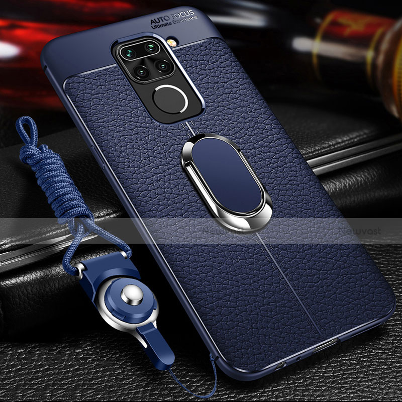 Soft Silicone Gel Leather Snap On Case Cover with Magnetic Finger Ring Stand T01 for Xiaomi Redmi 10X 4G Blue