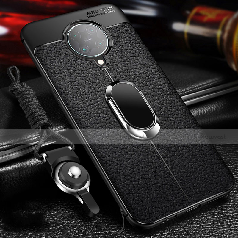 Soft Silicone Gel Leather Snap On Case Cover with Magnetic Finger Ring Stand T01 for Xiaomi Redmi K30 Pro 5G Black