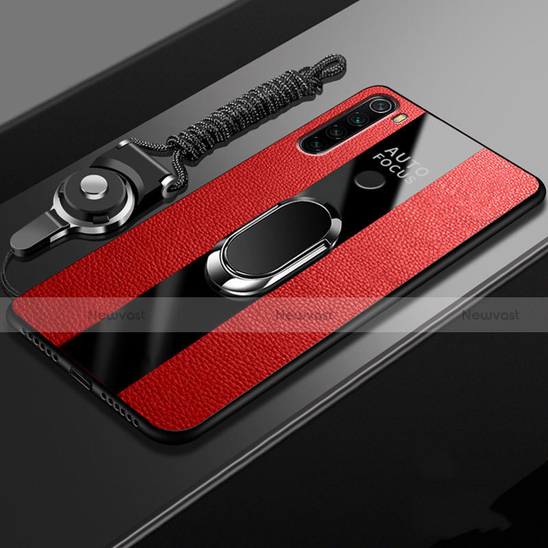 Soft Silicone Gel Leather Snap On Case Cover with Magnetic Finger Ring Stand T01 for Xiaomi Redmi Note 8 (2021) Red