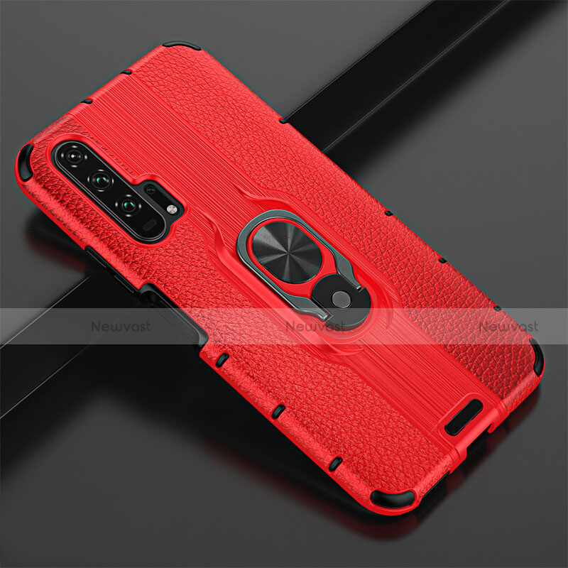 Soft Silicone Gel Leather Snap On Case Cover with Magnetic Finger Ring Stand T02 for Huawei Honor 20 Pro Red