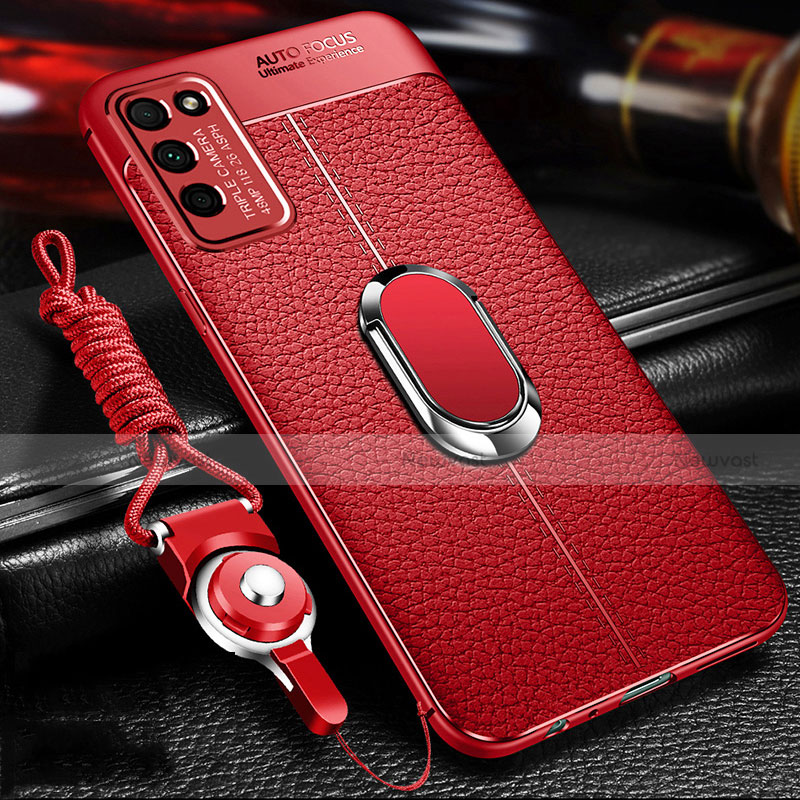 Soft Silicone Gel Leather Snap On Case Cover with Magnetic Finger Ring Stand T02 for Huawei Honor 30 Lite 5G Red