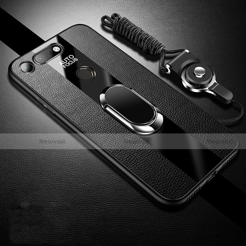 Soft Silicone Gel Leather Snap On Case Cover with Magnetic Finger Ring Stand T02 for Huawei Honor V20 Black