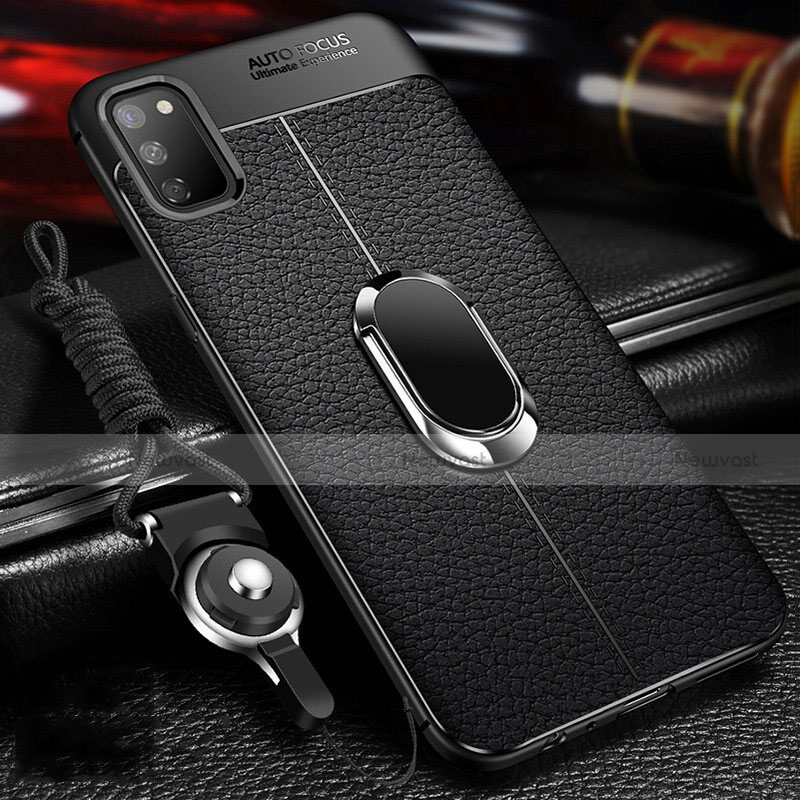Soft Silicone Gel Leather Snap On Case Cover with Magnetic Finger Ring Stand T02 for Huawei Honor V30 5G Black