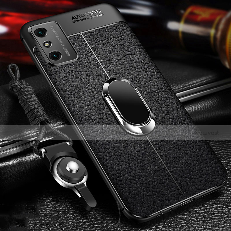 Soft Silicone Gel Leather Snap On Case Cover with Magnetic Finger Ring Stand T02 for Huawei Honor X10 Max 5G Black