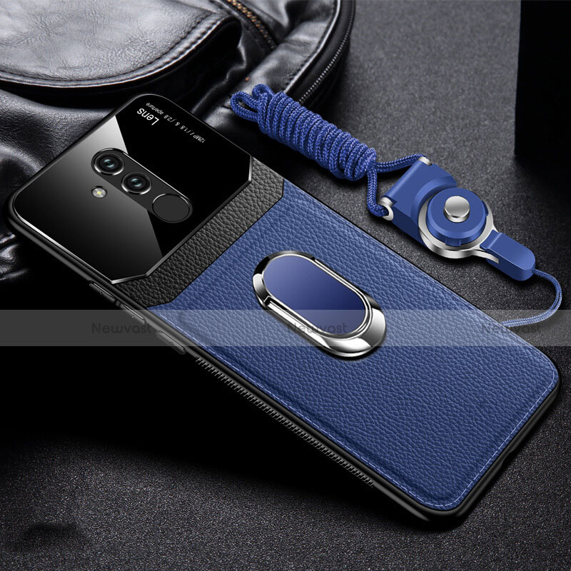 Soft Silicone Gel Leather Snap On Case Cover with Magnetic Finger Ring Stand T02 for Huawei Mate 20 Lite Blue