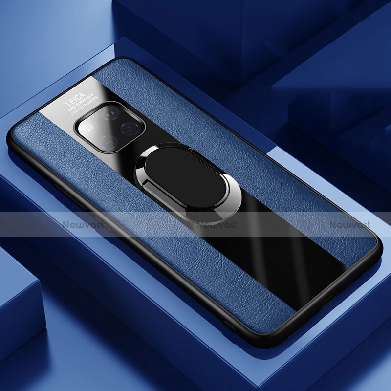 Soft Silicone Gel Leather Snap On Case Cover with Magnetic Finger Ring Stand T02 for Huawei Mate 20 Pro Blue