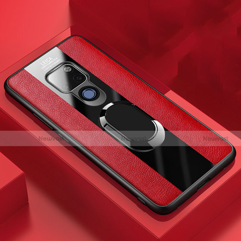 Soft Silicone Gel Leather Snap On Case Cover with Magnetic Finger Ring Stand T02 for Huawei Mate 20 X 5G Red