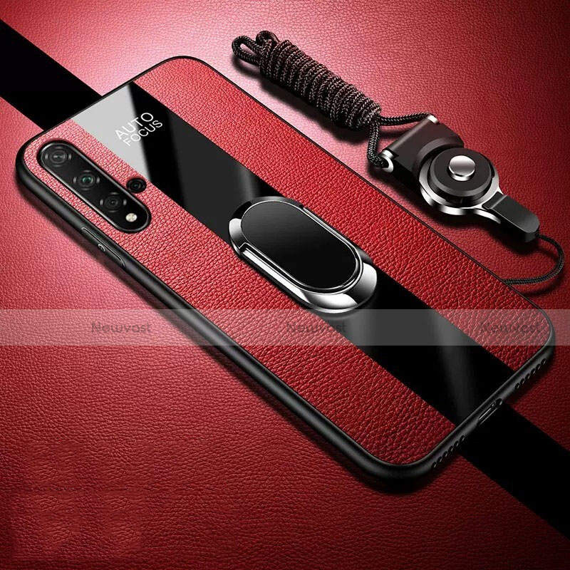 Soft Silicone Gel Leather Snap On Case Cover with Magnetic Finger Ring Stand T02 for Huawei Nova 5 Pro Red