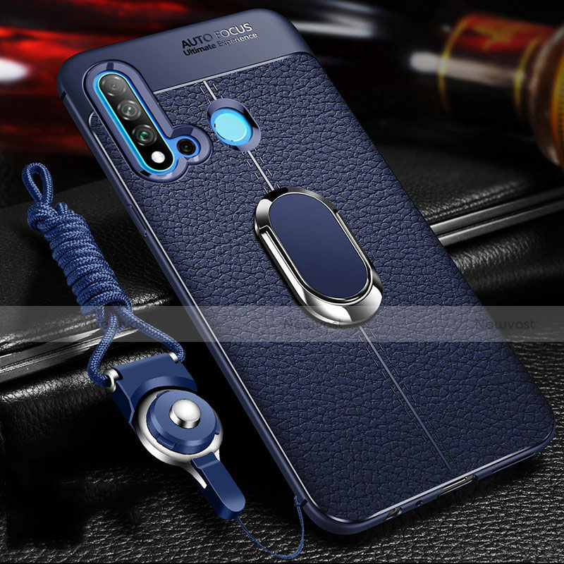 Soft Silicone Gel Leather Snap On Case Cover with Magnetic Finger Ring Stand T02 for Huawei Nova 5i Blue