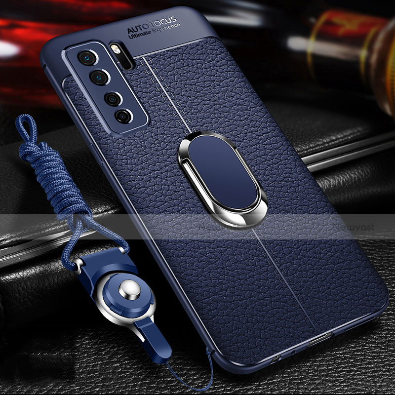 Soft Silicone Gel Leather Snap On Case Cover with Magnetic Finger Ring Stand T02 for Huawei Nova 7 SE 5G Blue