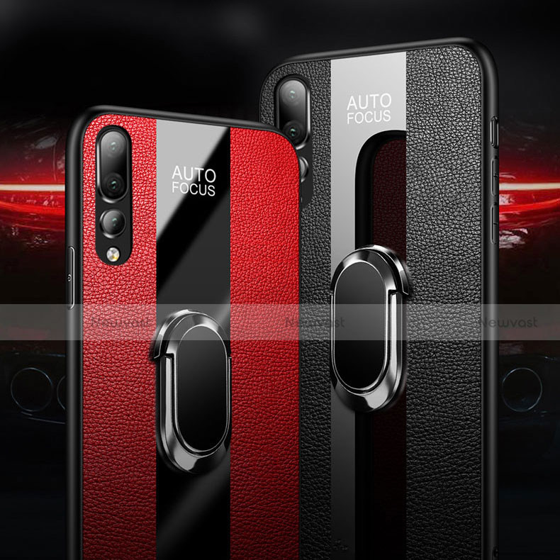 Soft Silicone Gel Leather Snap On Case Cover with Magnetic Finger Ring Stand T02 for Huawei P20 Pro