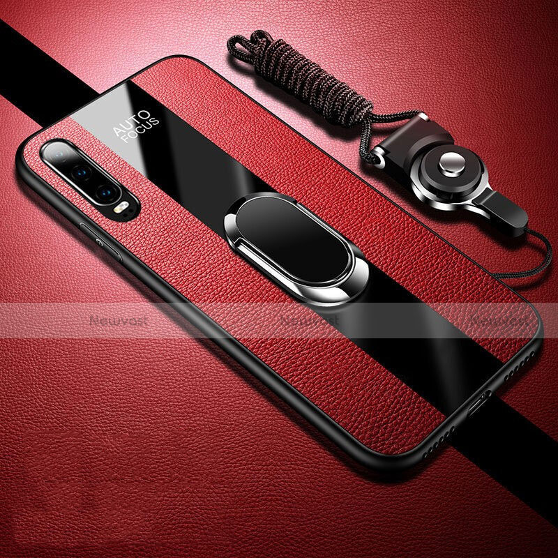 Soft Silicone Gel Leather Snap On Case Cover with Magnetic Finger Ring Stand T02 for Huawei P30 Red