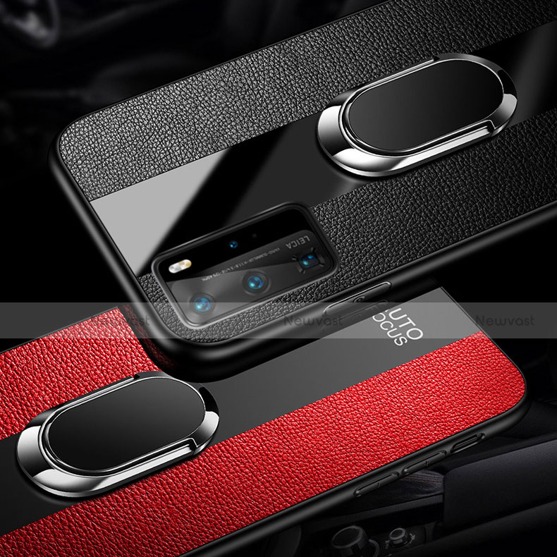 Soft Silicone Gel Leather Snap On Case Cover with Magnetic Finger Ring Stand T02 for Huawei P40 Pro